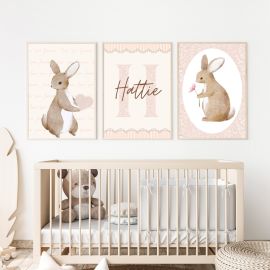 Personalised Pink Floral Bunny Prints for Kids Room